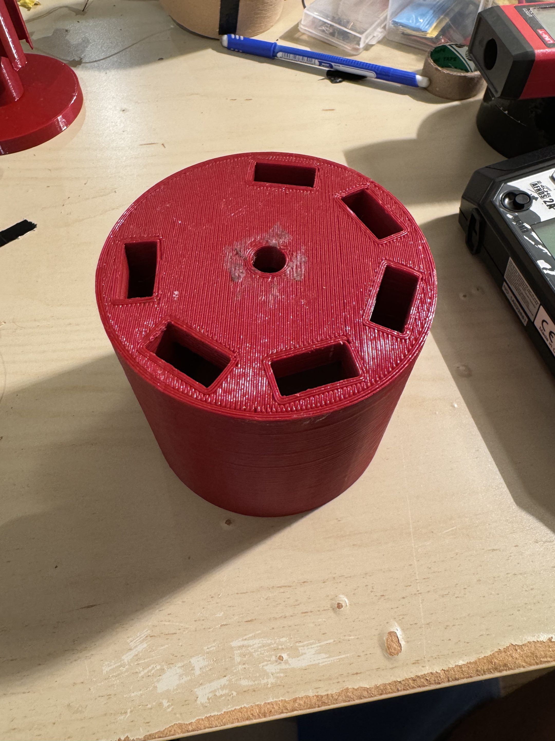 First rotor print in red PLA with six magnet pockets