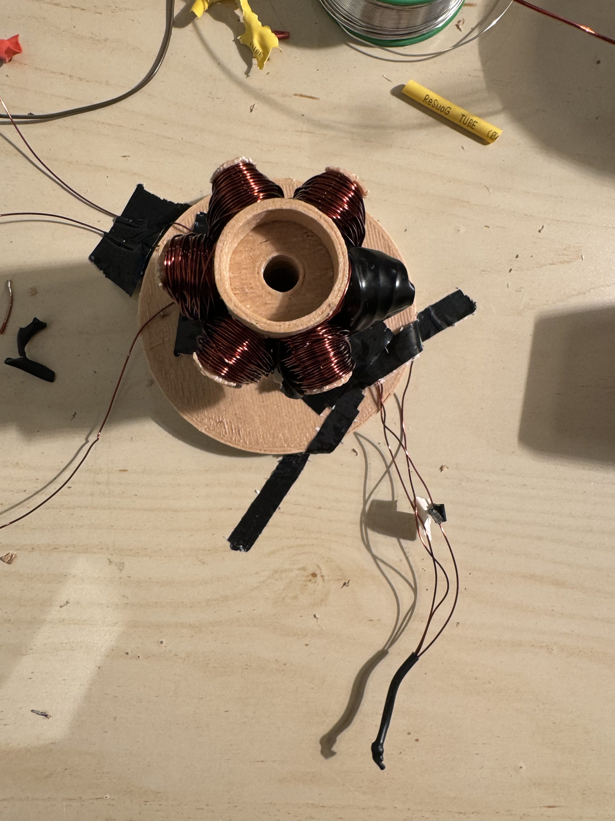 Wound stator viewed from above, six copper coils
