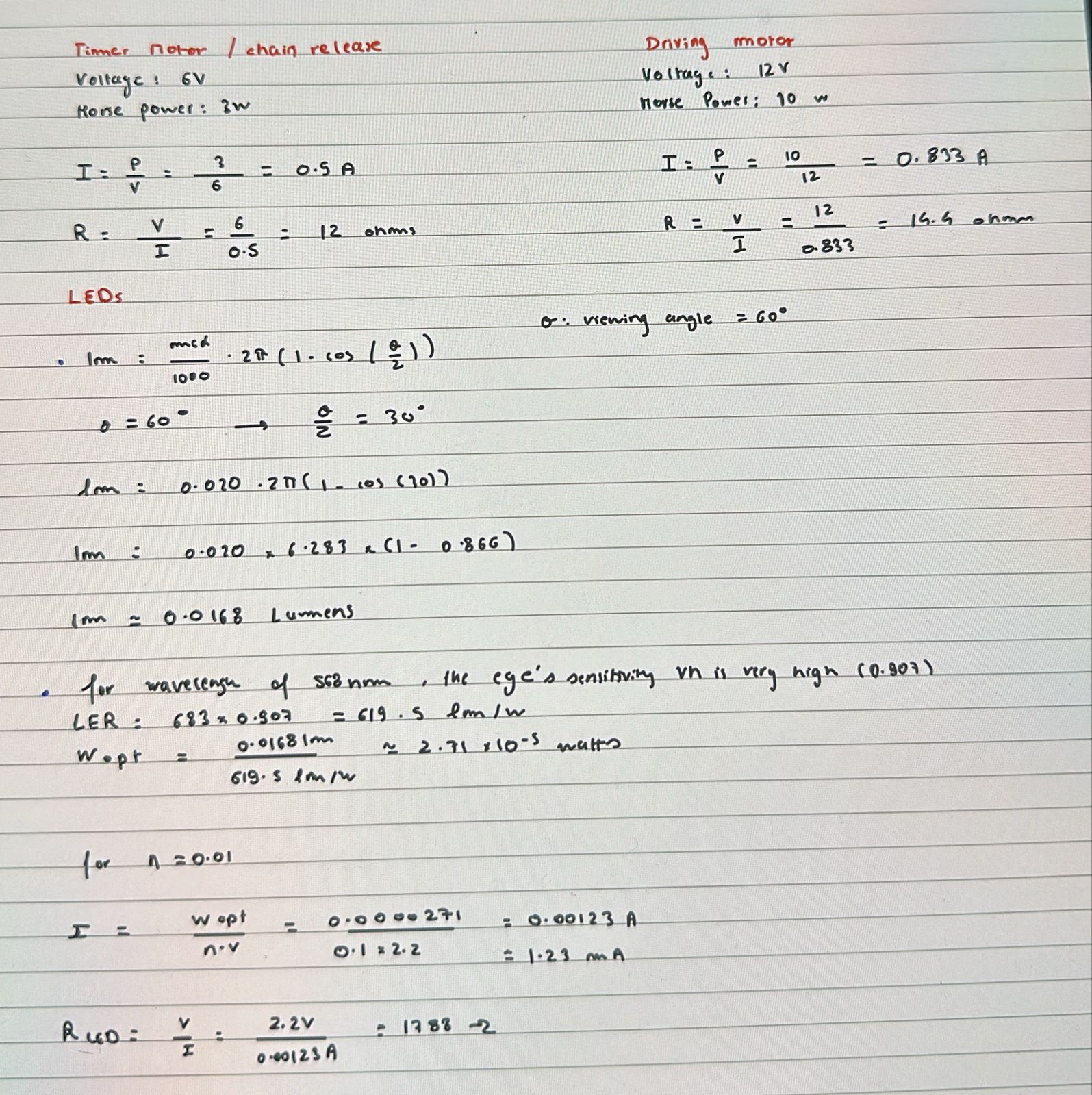 Handwritten calculations for motor current and LED resistor sizing