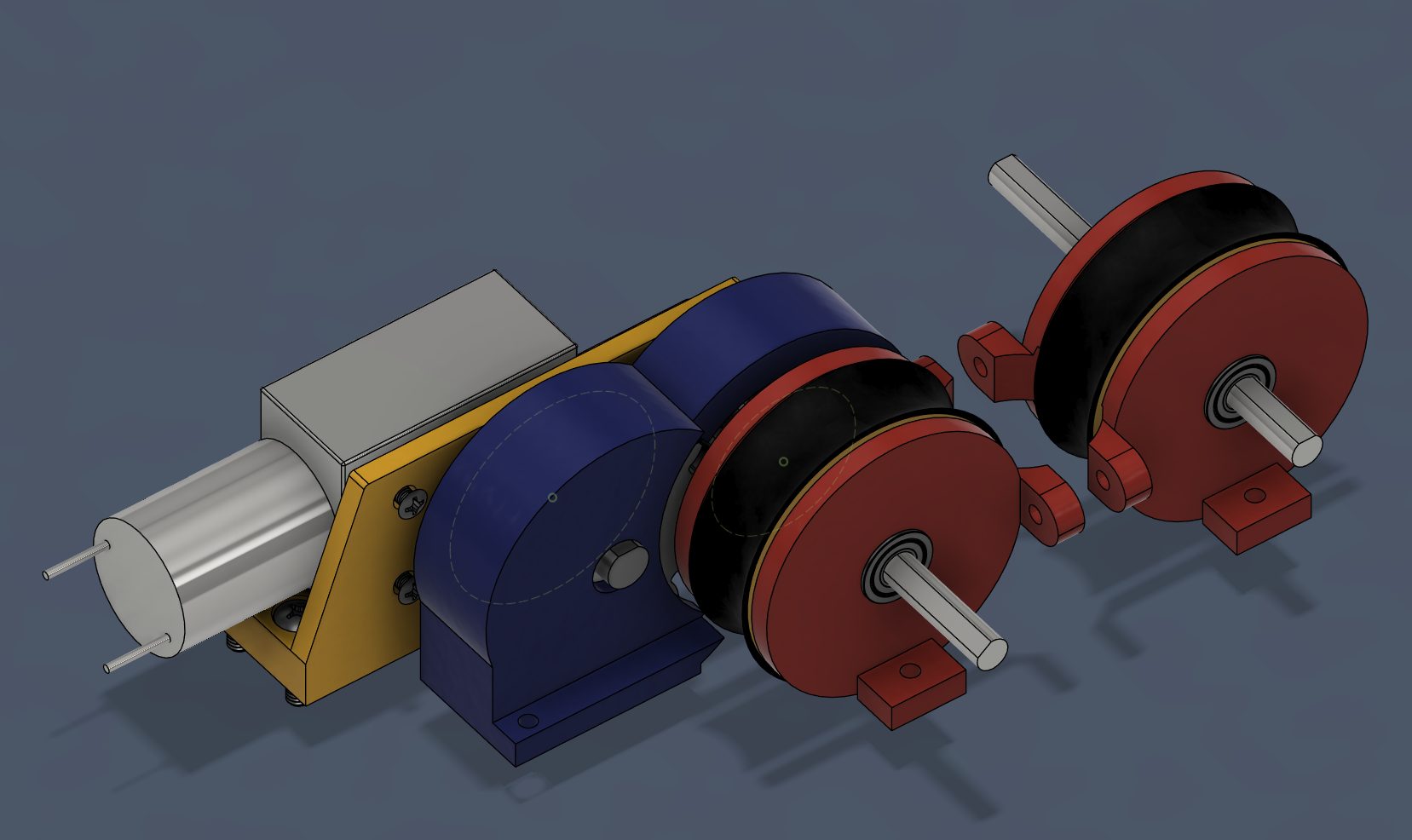Exploded CAD view of the drivetrain from motor through gearbox to wheels