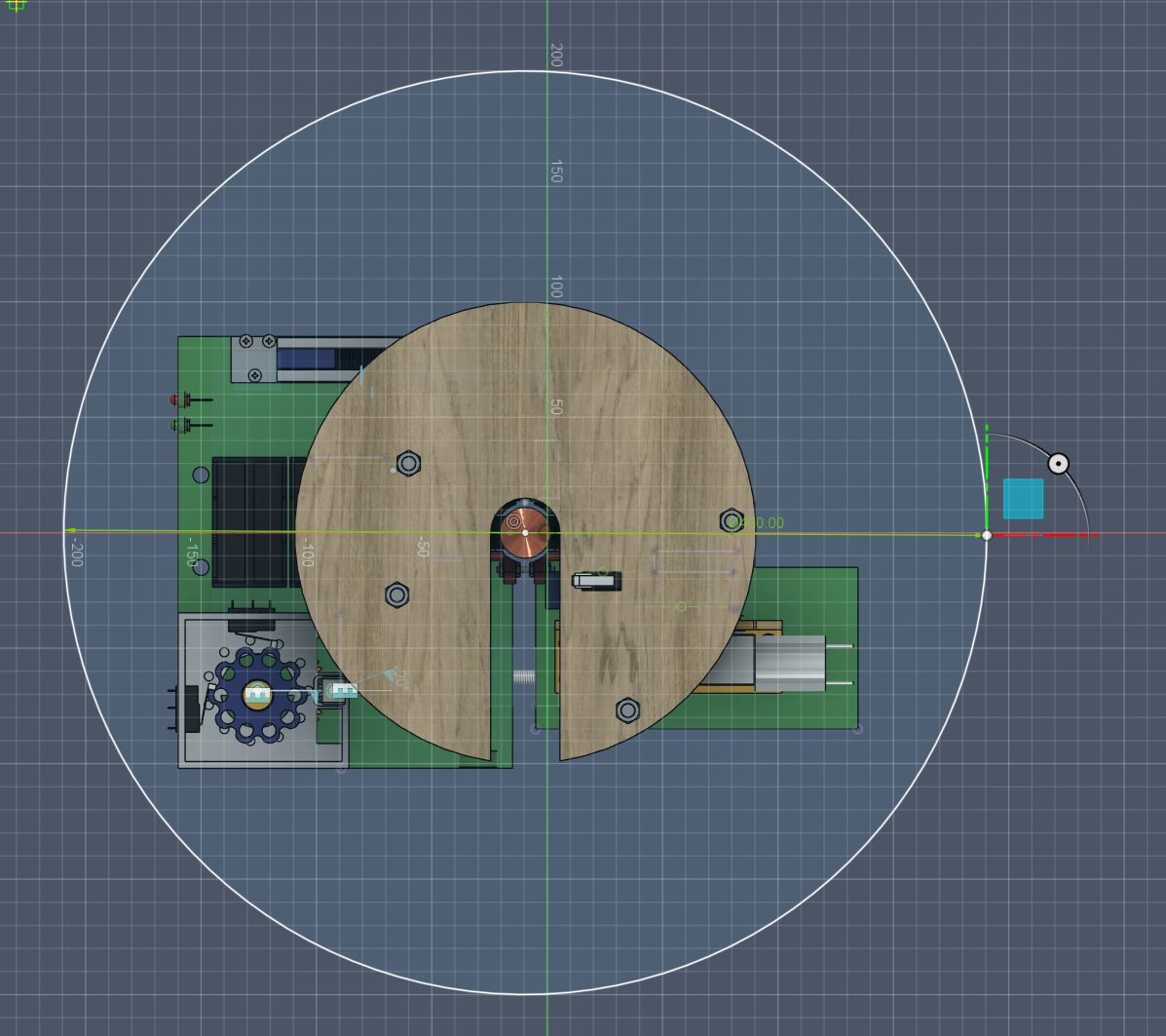 Plan view of the device inside the 400 millimetre diameter envelope circle