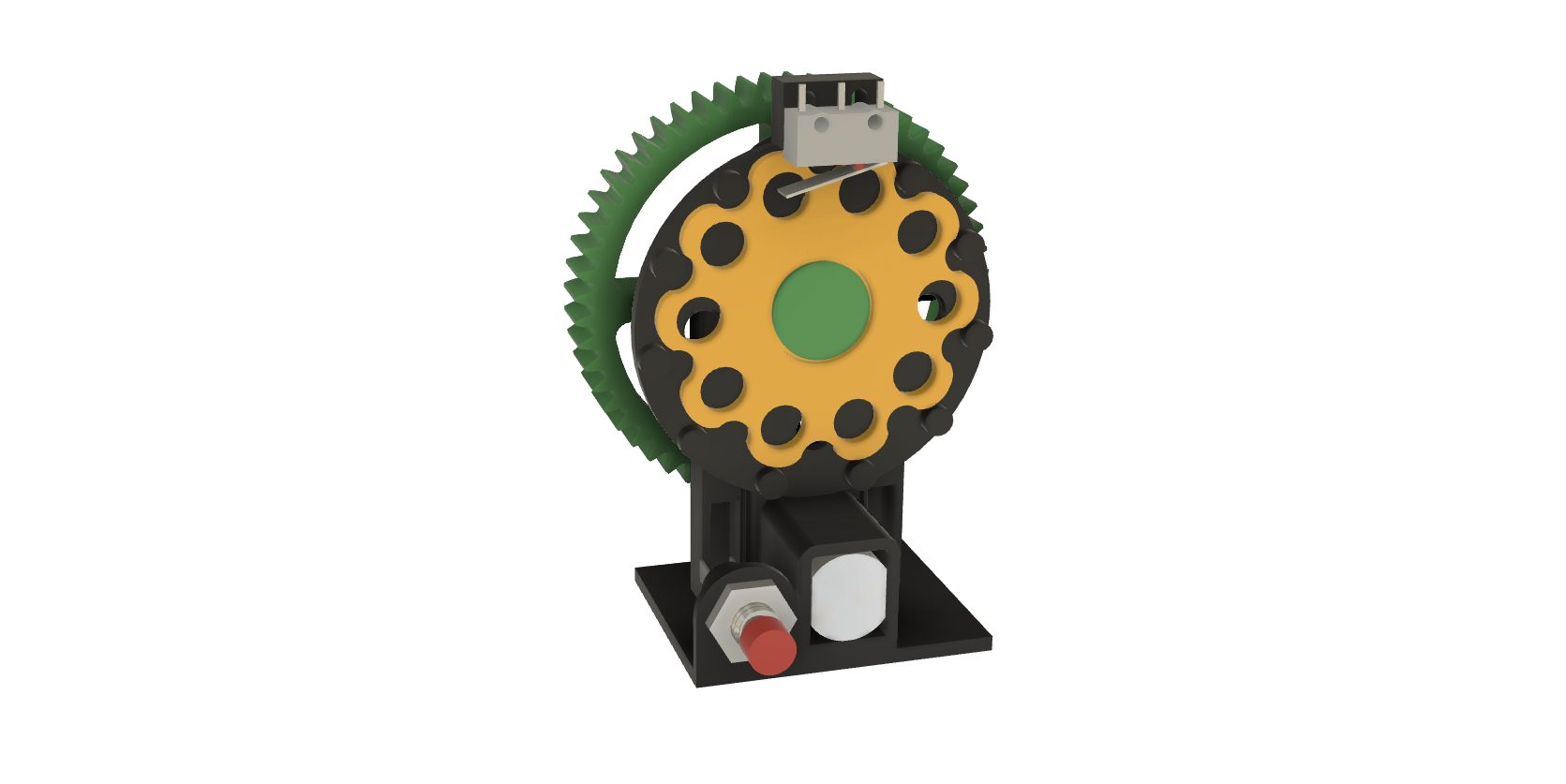 CAD of the mechanical timer showing a geared disc tripping a lever switch