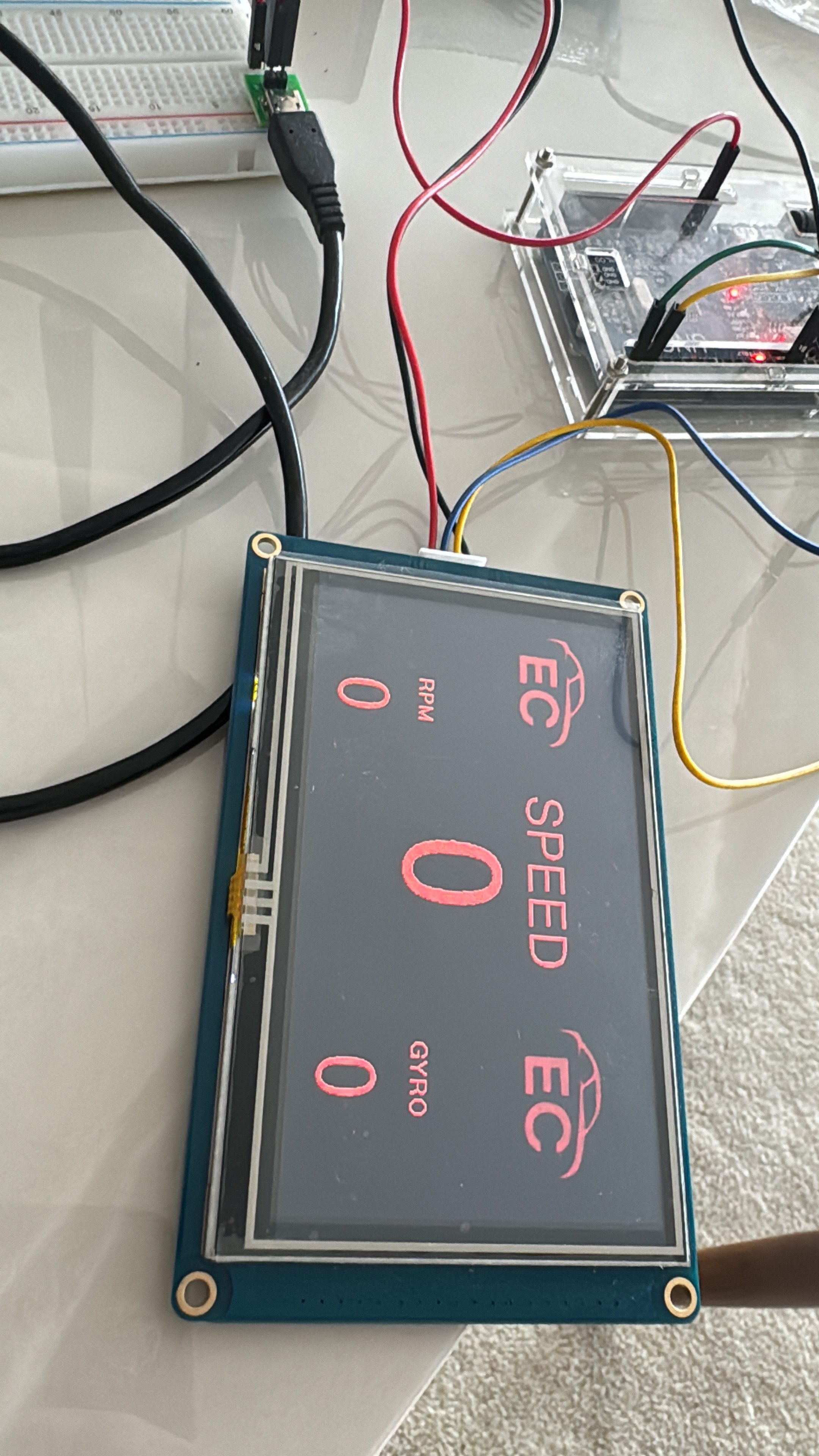 Nextion HMI display showing RPM, speed and gyro readouts