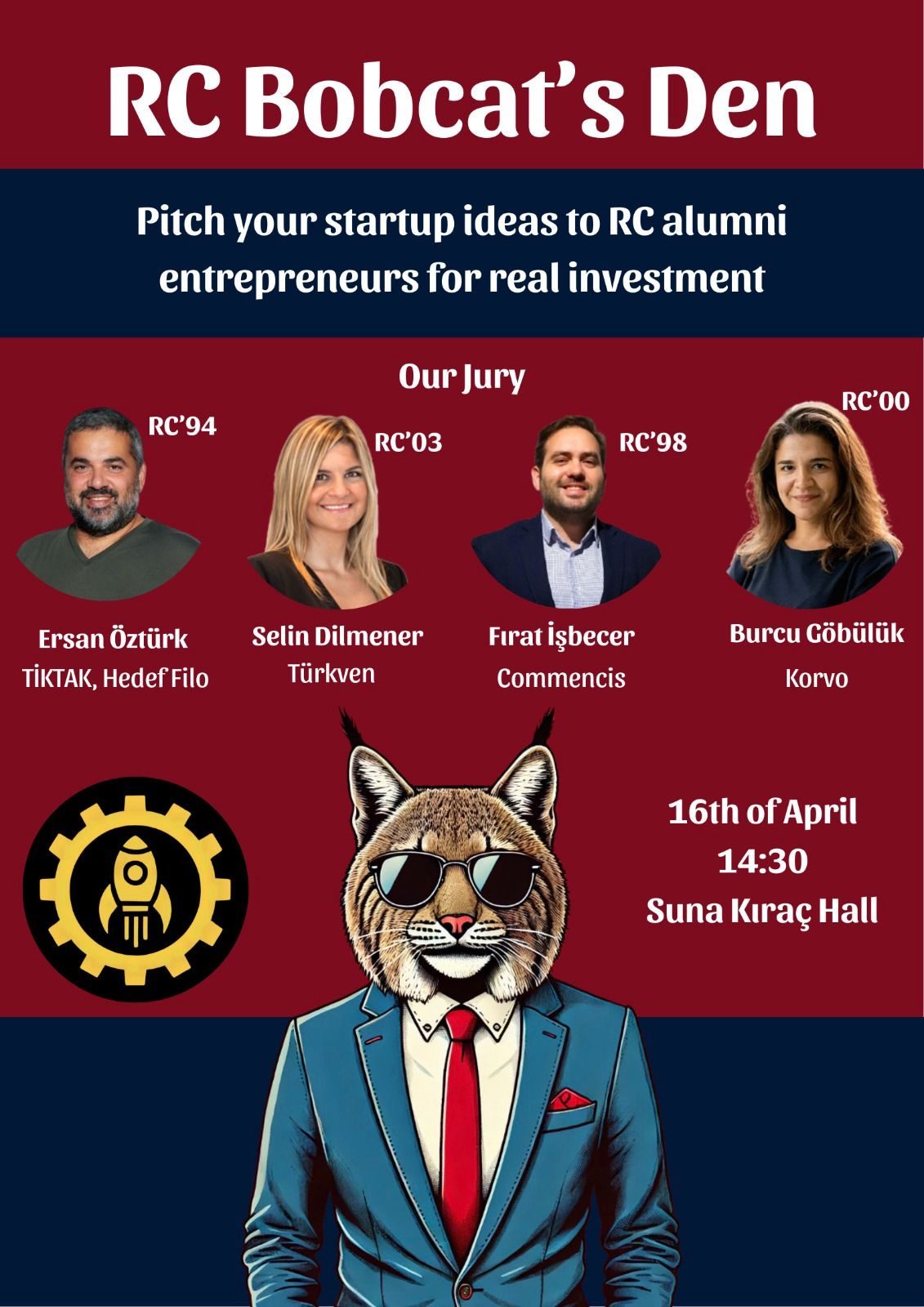 Poster for RC Bobcat's Den, a startup pitch event judged by alumni